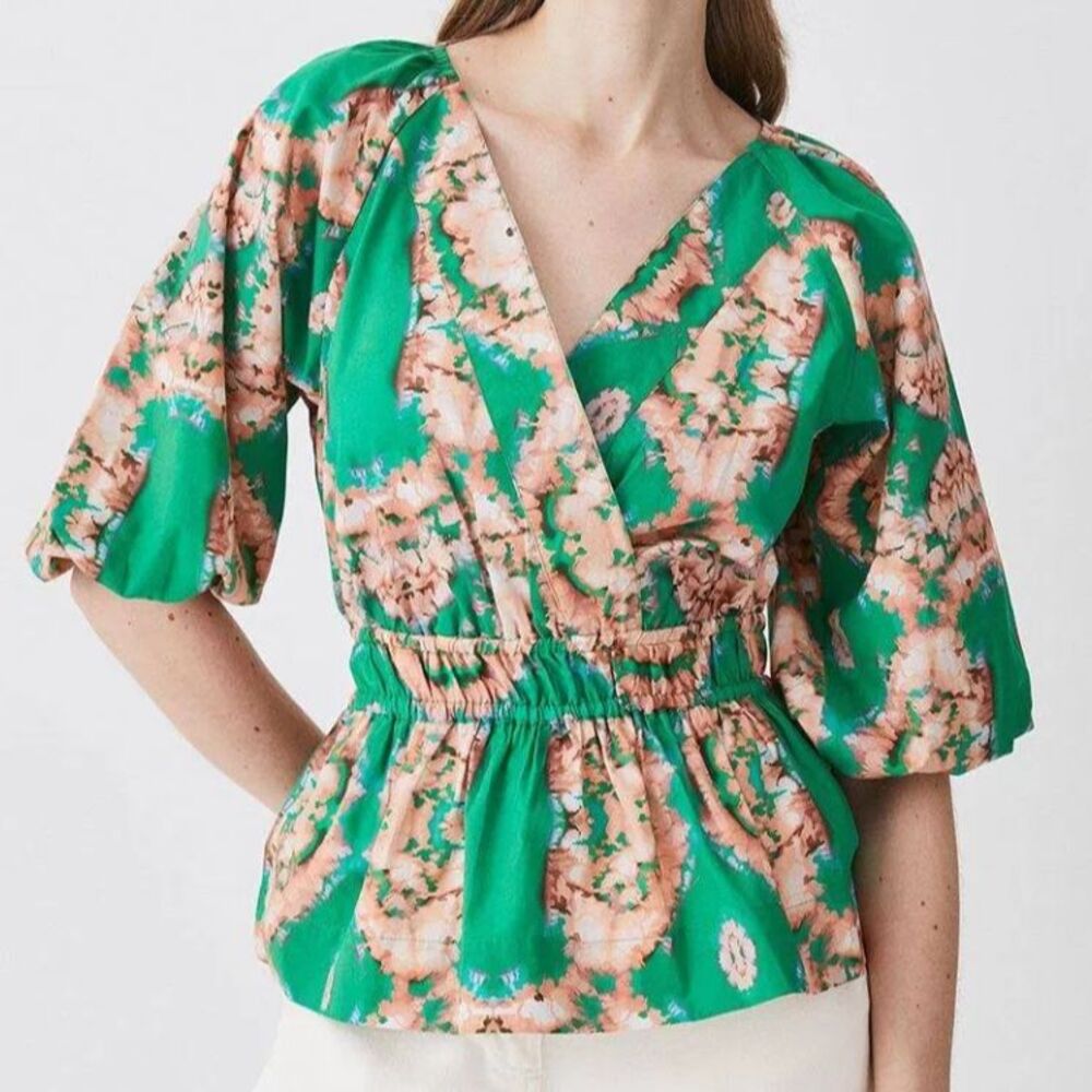 Karen Millen Kaleidoscope Print Cotton Peplum Blouse Surplice Top Green Orange 8